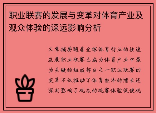 职业联赛的发展与变革对体育产业及观众体验的深远影响分析